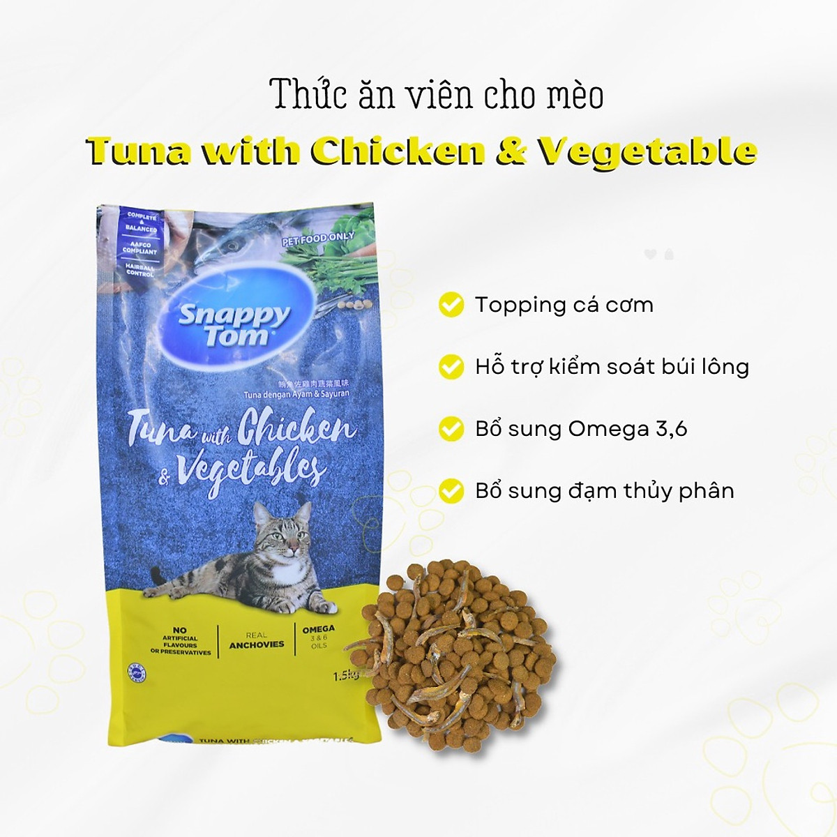 Snappy Tim อาหารเม็ดแมว ท็อปปิ้งปลาแอนโชวี่ ถุง 1.5 กก. 3 รส ปลาทะเล ทูน่าไก่ผัก แซลมอนไก่ — 2
