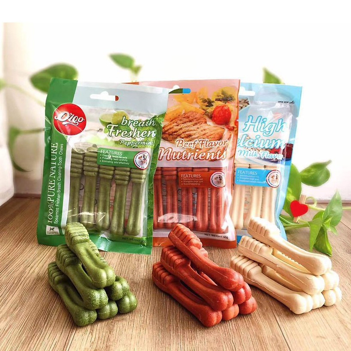 Orgi ขนมขัดฟันสุนัข ขนมกระดูกแทะ ซอง 90 กรัม 4 รส มิ้นต์ ชีส นม เนื้อวัว ช่วยลมหายใจหอม