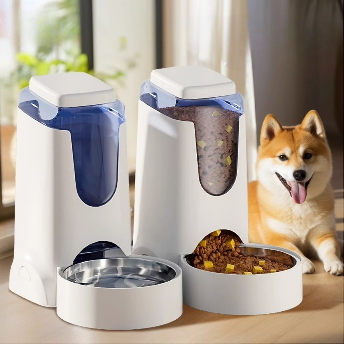 PawFlow เครื่องให้น้ำและอาหารอัตโนมัติ สำหรับสุนัขและแมว ถังน้ำ 4 ลิตร ถังอาหาร 2.5 ลิตร