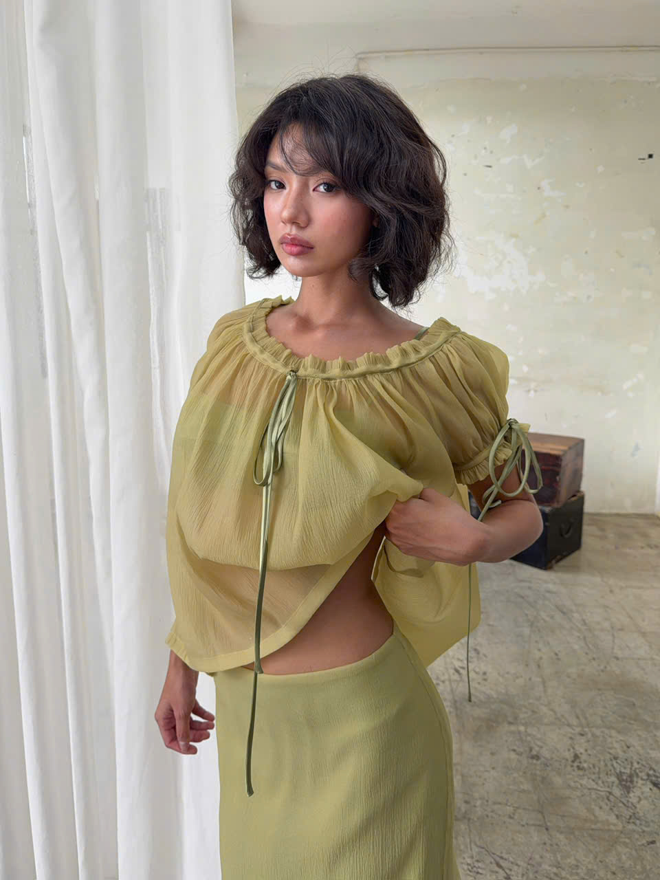 Olive Set — เซตกระโปรง เสื้อ และบรากรองผ้าชีฟอง สีเขียวมะกอก — 4