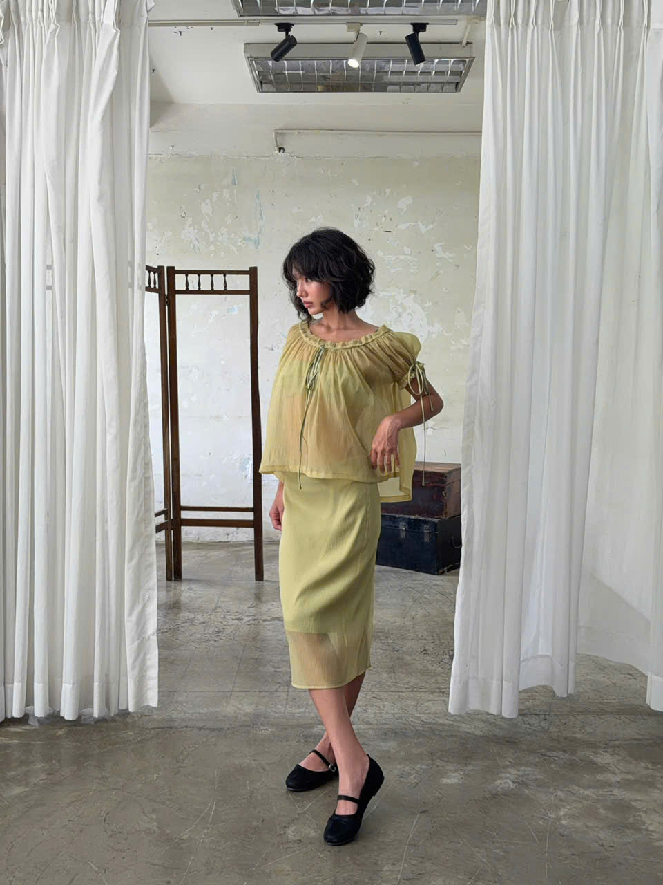 Olive Set — เซตกระโปรง เสื้อ และบรากรองผ้าชีฟอง สีเขียวมะกอก — 5