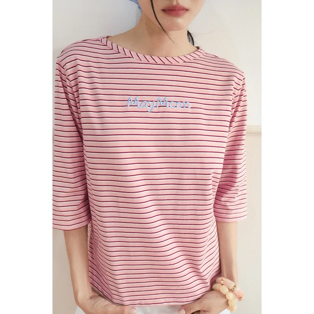 Maymoon Stripe Tee — เสื้อยืดลายขวางแขนสามส่วนปักลาย — 3