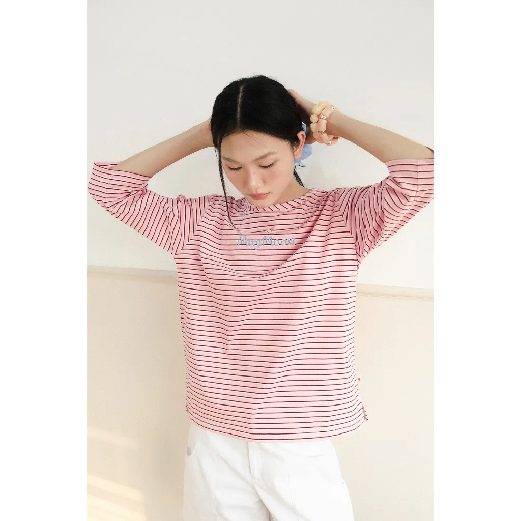 Maymoon Stripe Tee — เสื้อยืดลายขวางแขนสามส่วนปักลาย — 4
