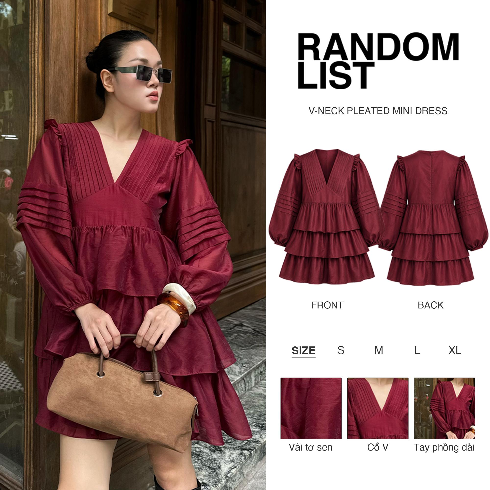 V Neck Pleated Mini Dress — เดรสสั้นคอวีแขนพอง กระโปรงระบายชั้น