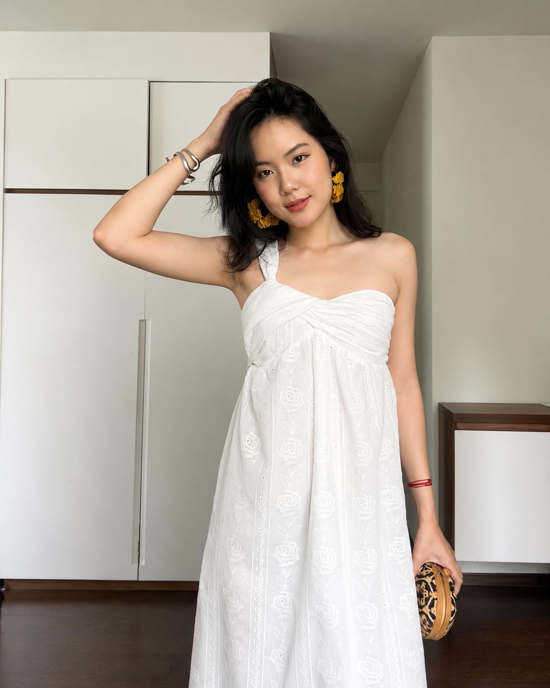 Floral Embroidered One Shoulder Dress — เดรสมิดิเปิดไหล่เดียว ปักดอกไม้ — 5