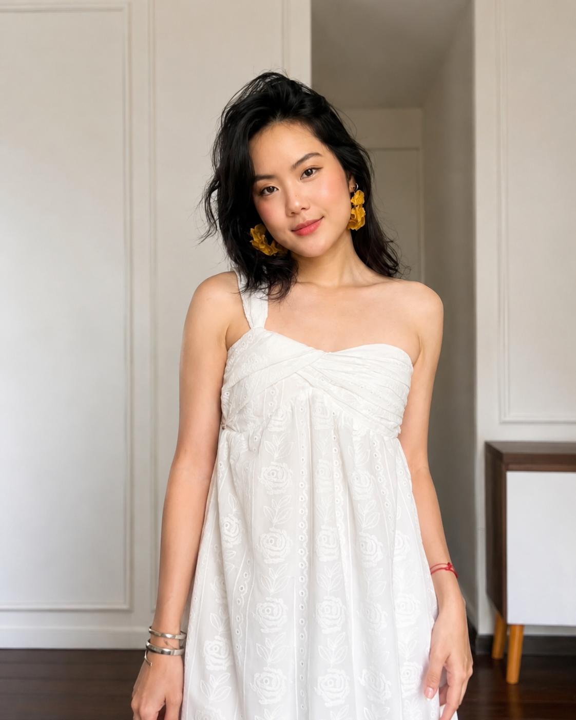 Floral Embroidered One Shoulder Dress — เดรสมิดิเปิดไหล่เดียว ปักดอกไม้ — 6