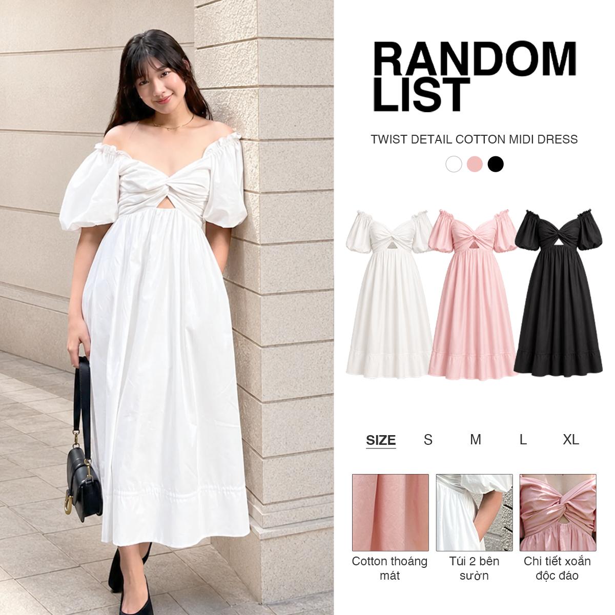 Twist Detail Cotton Midi Dress — เดรสมิดิแขนพองคอวีบิดอก ผ้าคอตตอน
