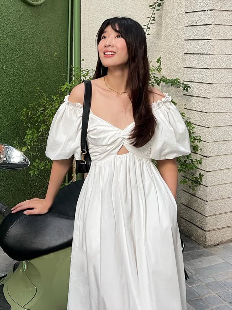 Twist Detail Cotton Midi Dress — เดรสมิดิแขนพองคอวีบิดอก ผ้าคอตตอน — 6