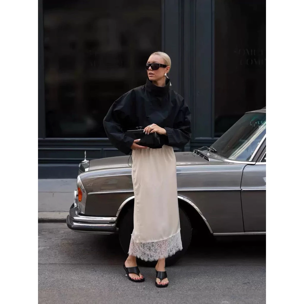 Satin Lace Midi Skirt — กระโปรงยาวผ้าซาตินแต่งลูกไม้