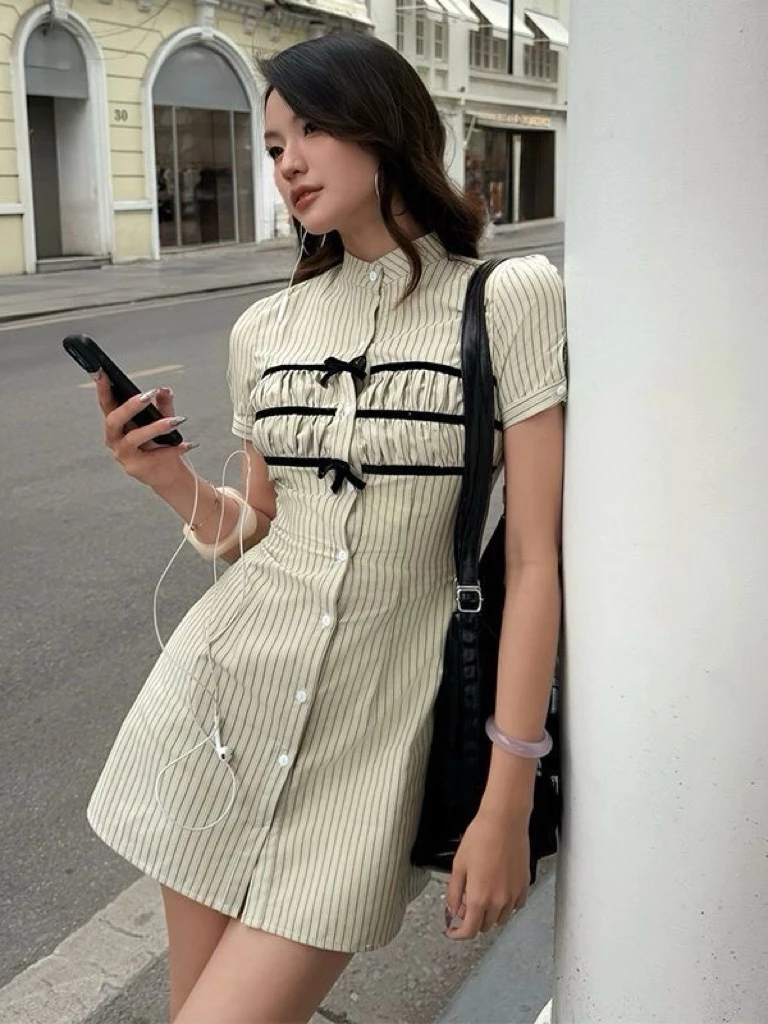 Striped Shirt Dress — เดรสเชิ้ตลายทางคอตั้ง ผูกโบว์