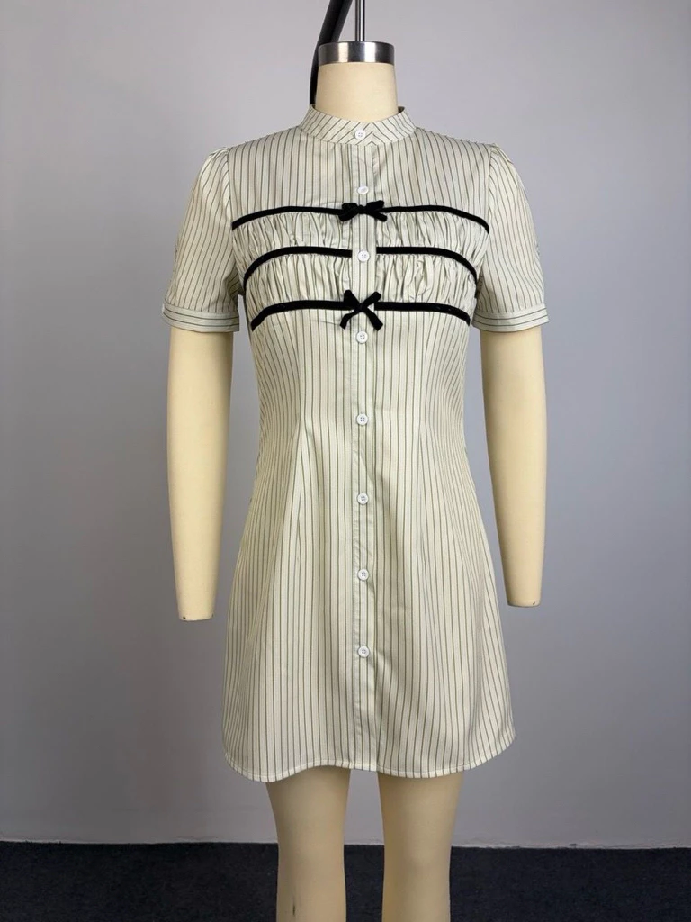 Striped Shirt Dress — เดรสเชิ้ตลายทางคอตั้ง ผูกโบว์ — 4