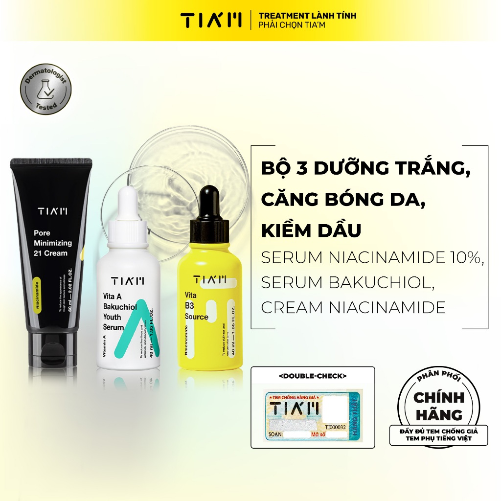 Bộ 3 Tia'm Serum Niacinamide 10%, Serum Bakuchiol, Kem Dưỡng Niacinamide 60ml